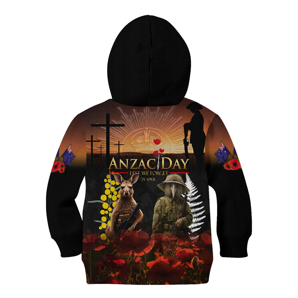 New Zealand and Australia ANZAC Day Kid Hoodie Kiwi Bird and Kangaroo Soldier - Vibe Hoodie Shop