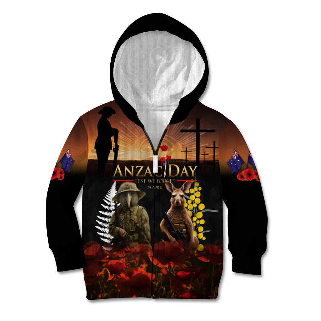New Zealand and Australia ANZAC Day Kid Hoodie Kiwi Bird and Kangaroo Soldier - Vibe Hoodie Shop