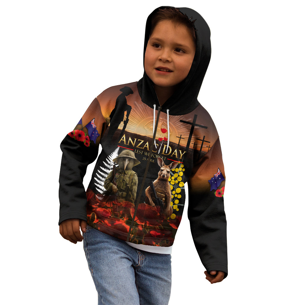 New Zealand and Australia ANZAC Day Kid Hoodie Kiwi Bird and Kangaroo Soldier - Vibe Hoodie Shop