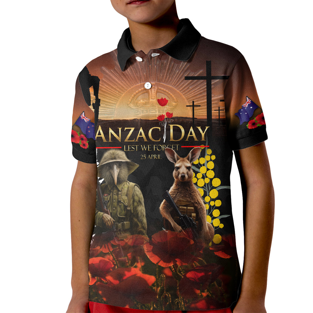 New Zealand and Australia ANZAC Day Kid Polo Shirt Kiwi Bird and Kangaroo Soldier - Vibe Hoodie Shop