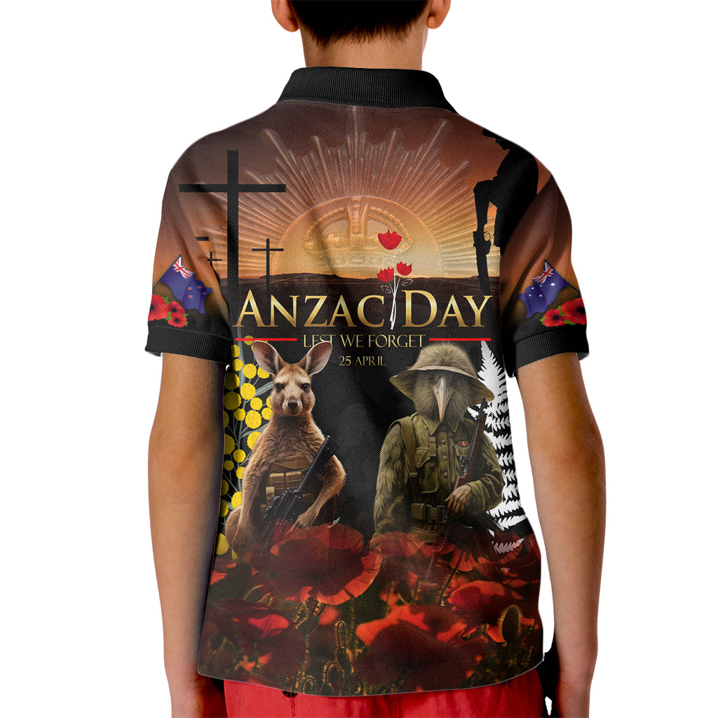 New Zealand and Australia ANZAC Day Kid Polo Shirt Kiwi Bird and Kangaroo Soldier - Vibe Hoodie Shop