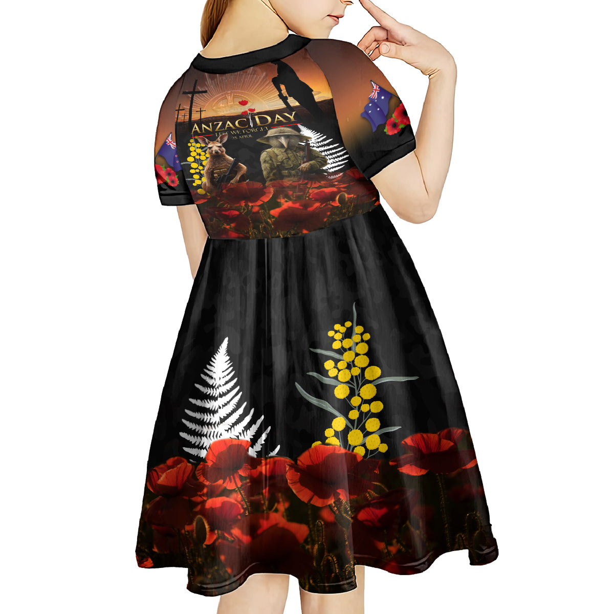 New Zealand and Australia ANZAC Day Kid Short Sleeve Dress Kiwi Bird and Kangaroo Soldier - Vibe Hoodie Shop