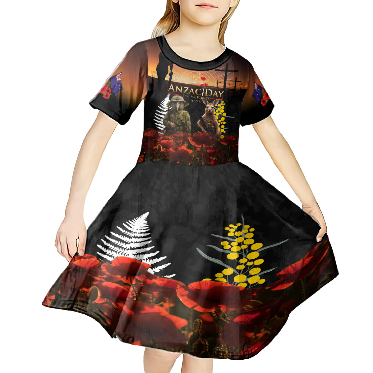 New Zealand and Australia ANZAC Day Kid Short Sleeve Dress Kiwi Bird and Kangaroo Soldier - Vibe Hoodie Shop