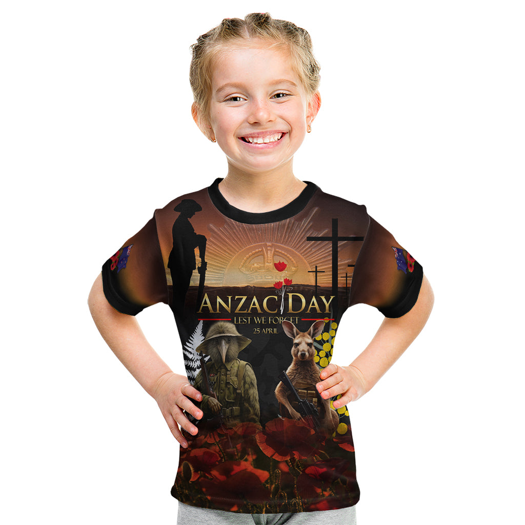 New Zealand and Australia ANZAC Day Kid T Shirt Kiwi Bird and Kangaroo Soldier - Vibe Hoodie Shop