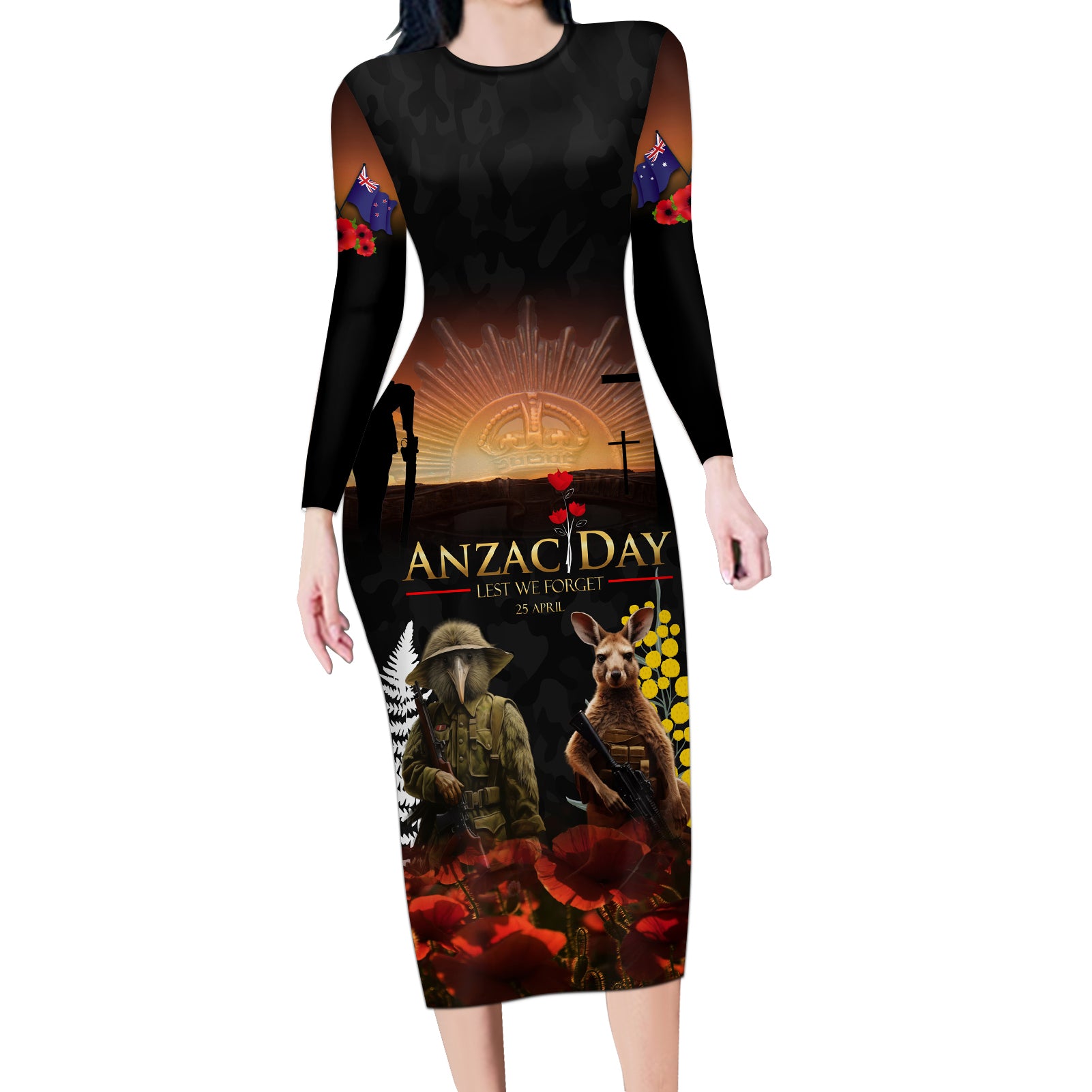 New Zealand and Australia ANZAC Day Long Sleeve Bodycon Dress Kiwi Bird and Kangaroo Soldier