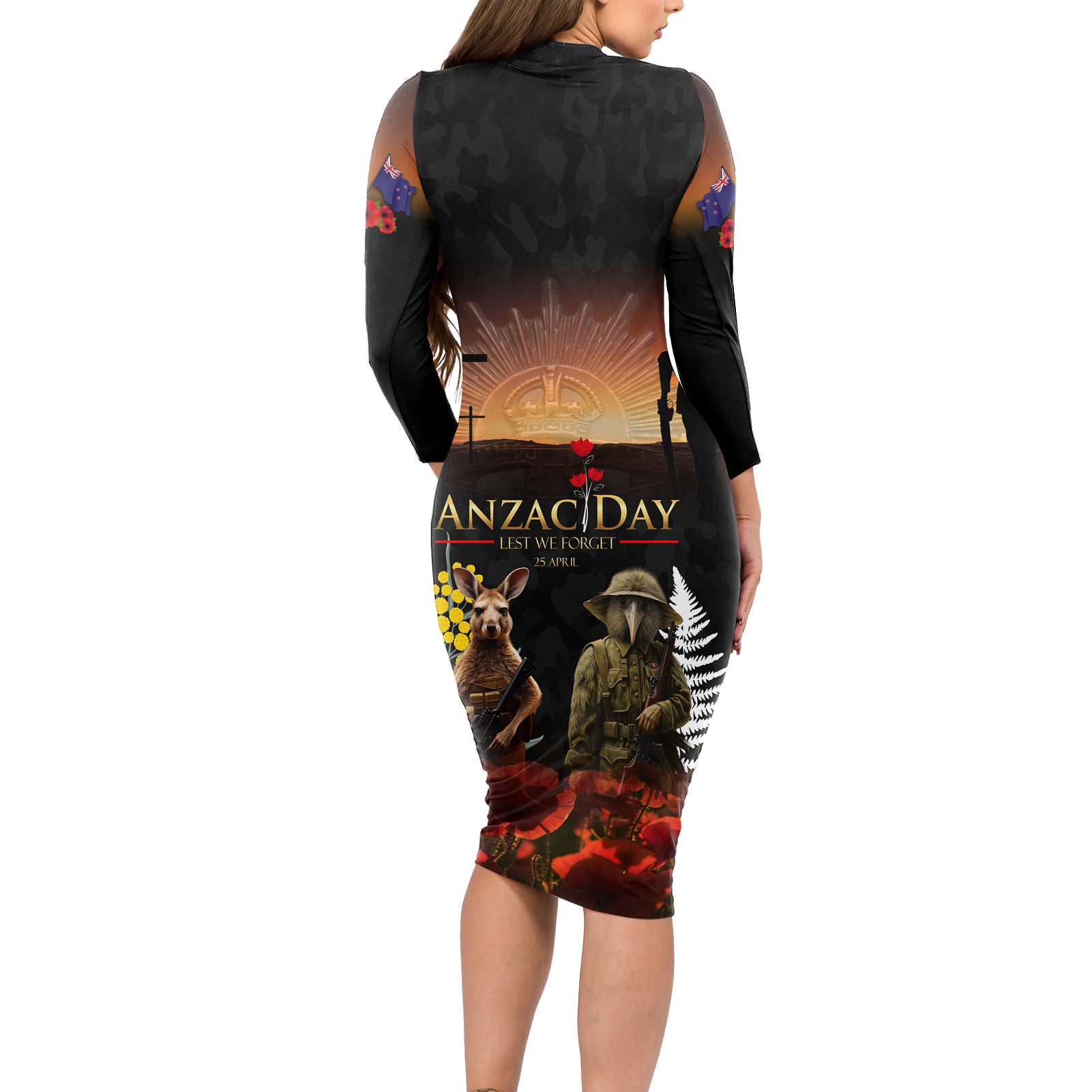 New Zealand and Australia ANZAC Day Long Sleeve Bodycon Dress Kiwi Bird and Kangaroo Soldier