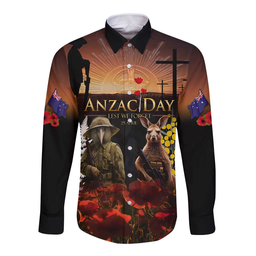 New Zealand and Australia ANZAC Day Long Sleeve Button Shirt Kiwi Bird and Kangaroo Soldier - Vibe Hoodie Shop