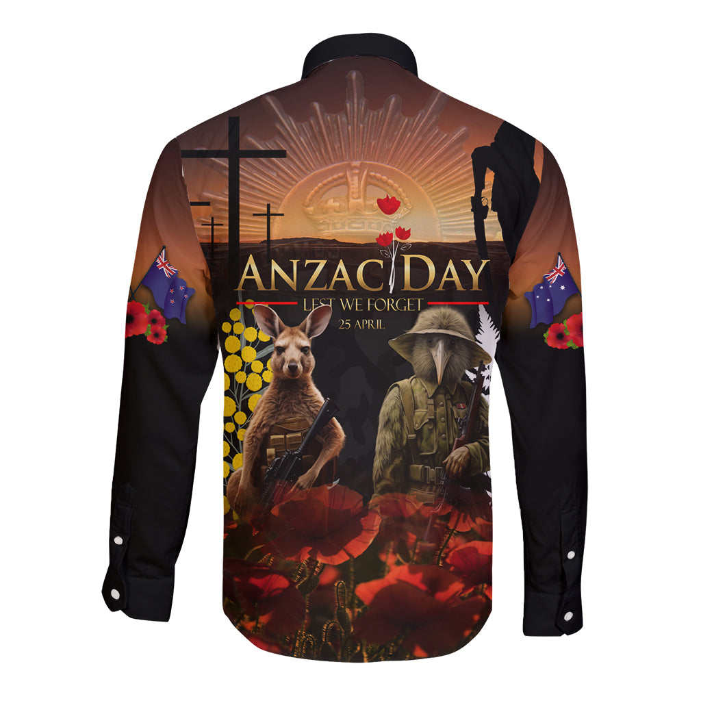 New Zealand and Australia ANZAC Day Long Sleeve Button Shirt Kiwi Bird and Kangaroo Soldier - Vibe Hoodie Shop