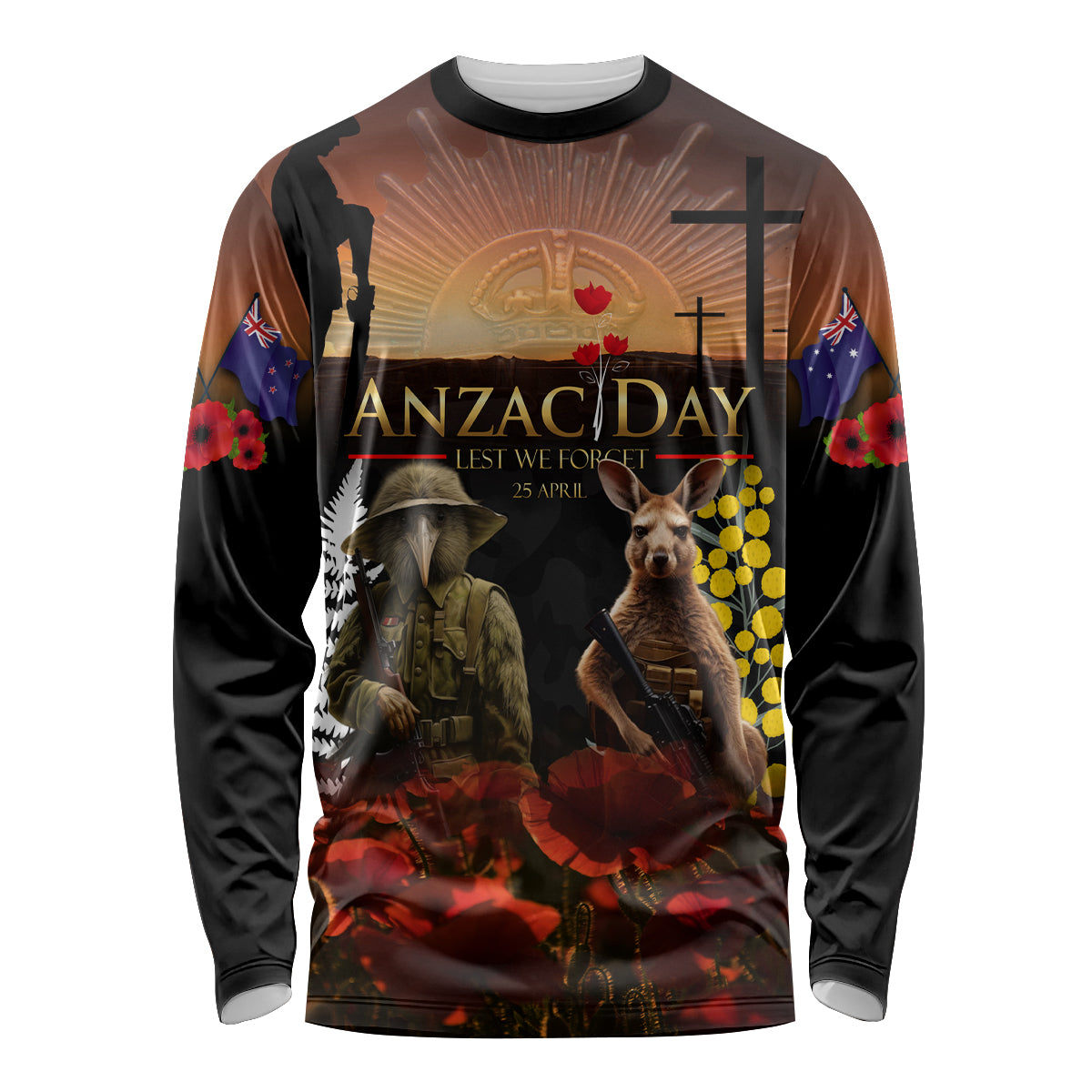 New Zealand and Australia ANZAC Day Long Sleeve Shirt Kiwi Bird and Kangaroo Soldier - Vibe Hoodie Shop