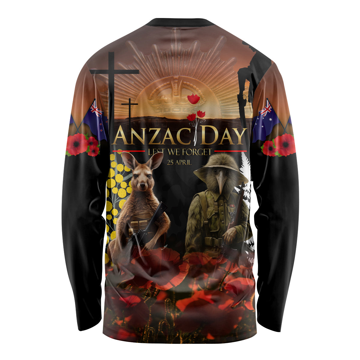 New Zealand and Australia ANZAC Day Long Sleeve Shirt Kiwi Bird and Kangaroo Soldier - Vibe Hoodie Shop