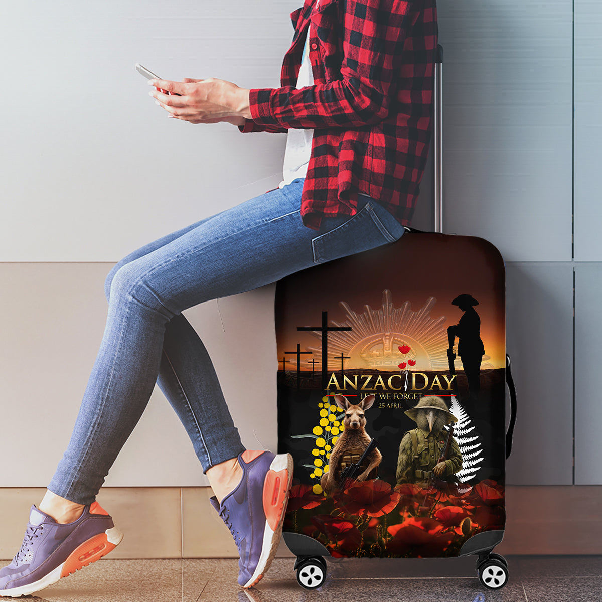New Zealand and Australia ANZAC Day Luggage Cover Kiwi Bird and Kangaroo Soldier - Vibe Hoodie Shop