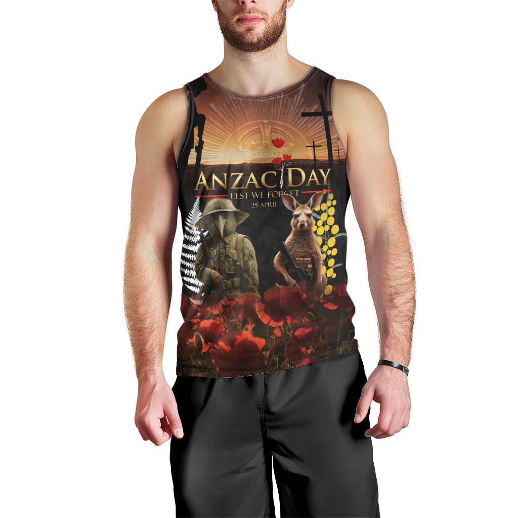 New Zealand and Australia ANZAC Day Men Tank Top Kiwi Bird and Kangaroo Soldier - Vibe Hoodie Shop