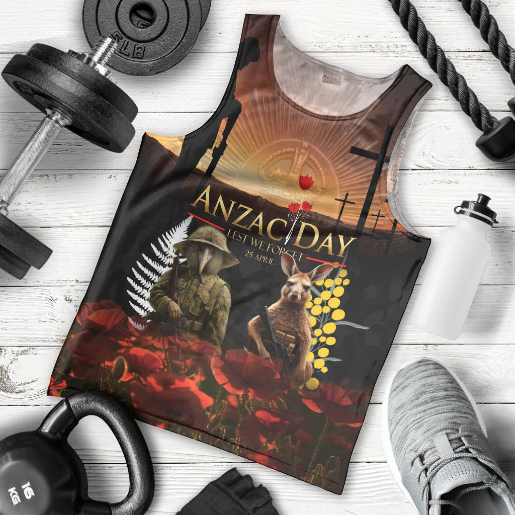 New Zealand and Australia ANZAC Day Men Tank Top Kiwi Bird and Kangaroo Soldier - Vibe Hoodie Shop