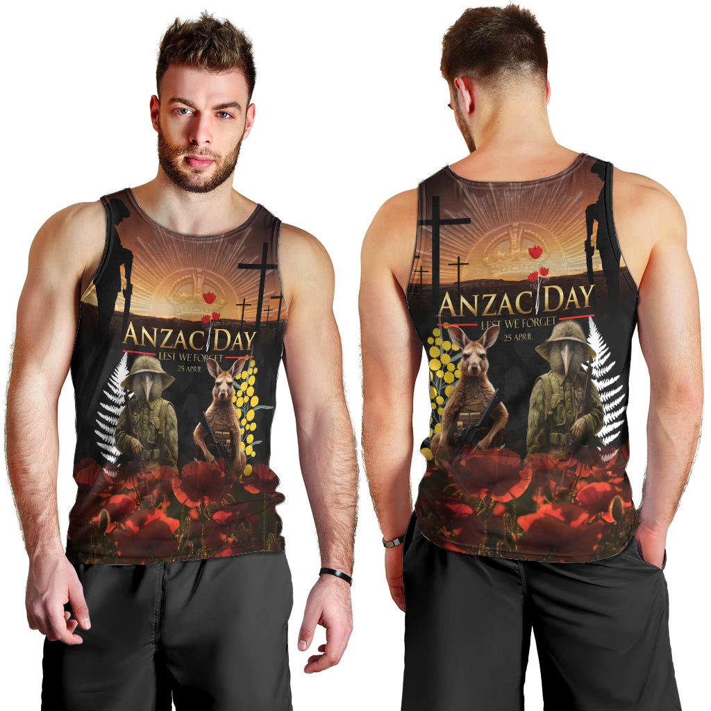 New Zealand and Australia ANZAC Day Men Tank Top Kiwi Bird and Kangaroo Soldier - Vibe Hoodie Shop