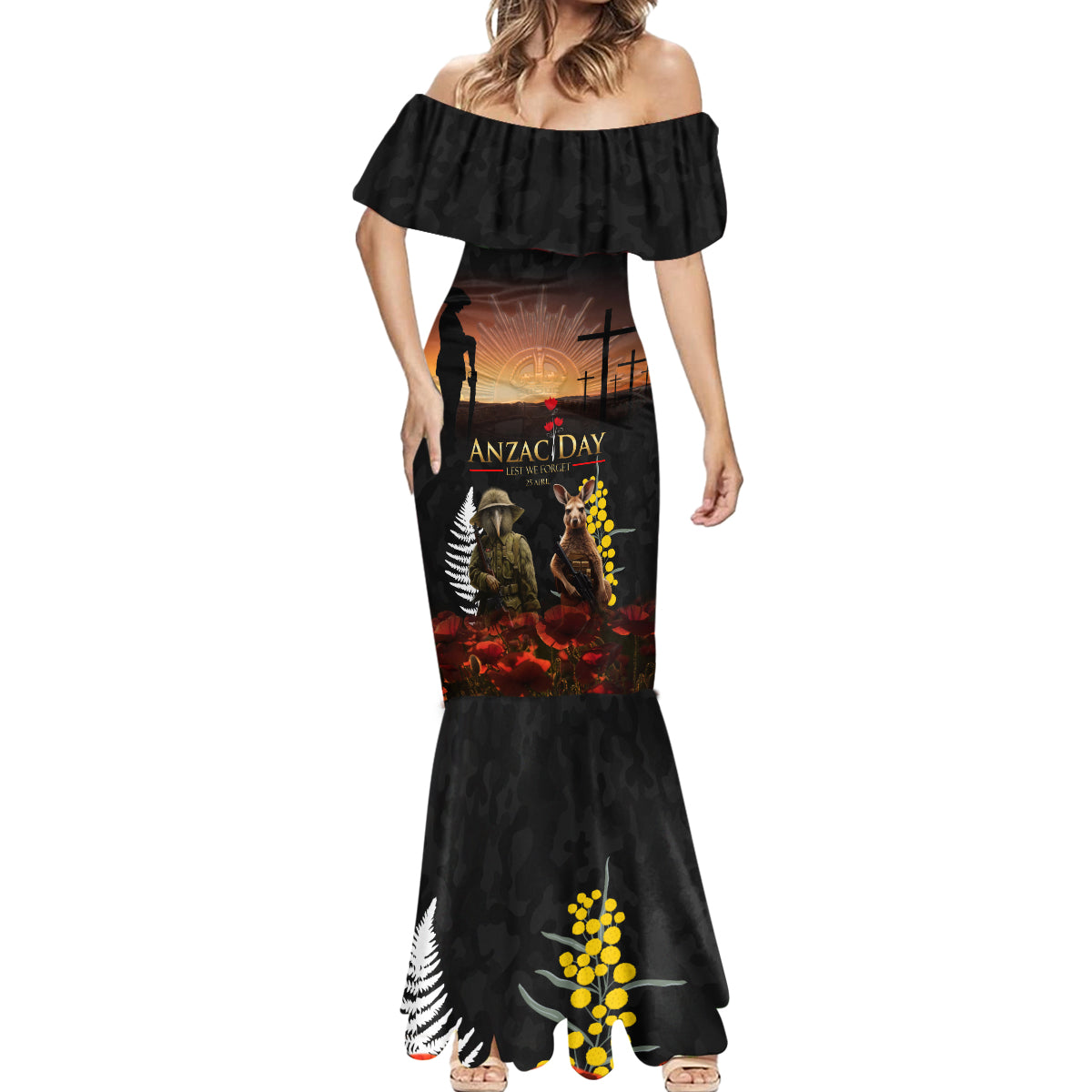 New Zealand and Australia ANZAC Day Mermaid Dress Kiwi Bird and Kangaroo Soldier