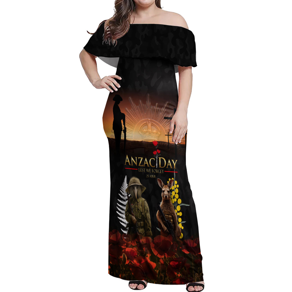 New Zealand and Australia ANZAC Day Off Shoulder Maxi Dress Kiwi Bird and Kangaroo Soldier