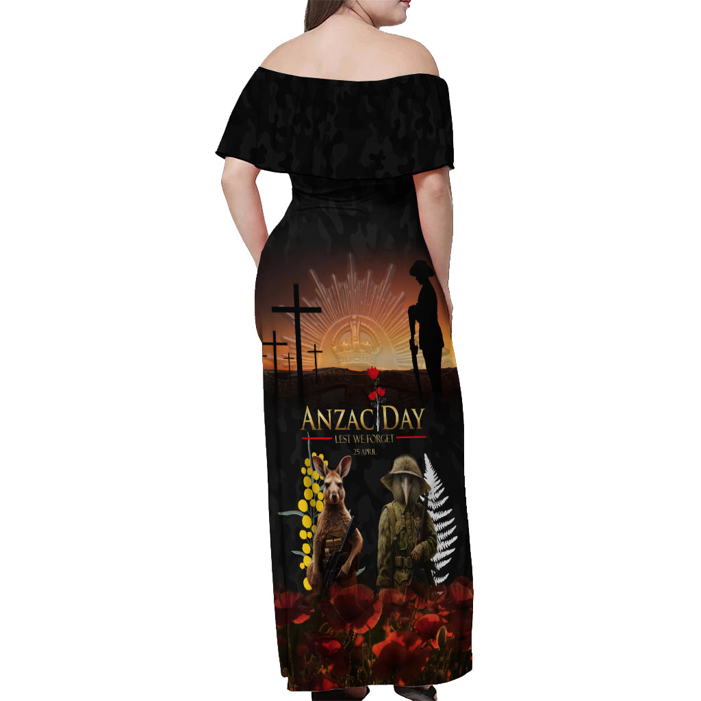 New Zealand and Australia ANZAC Day Off Shoulder Maxi Dress Kiwi Bird and Kangaroo Soldier