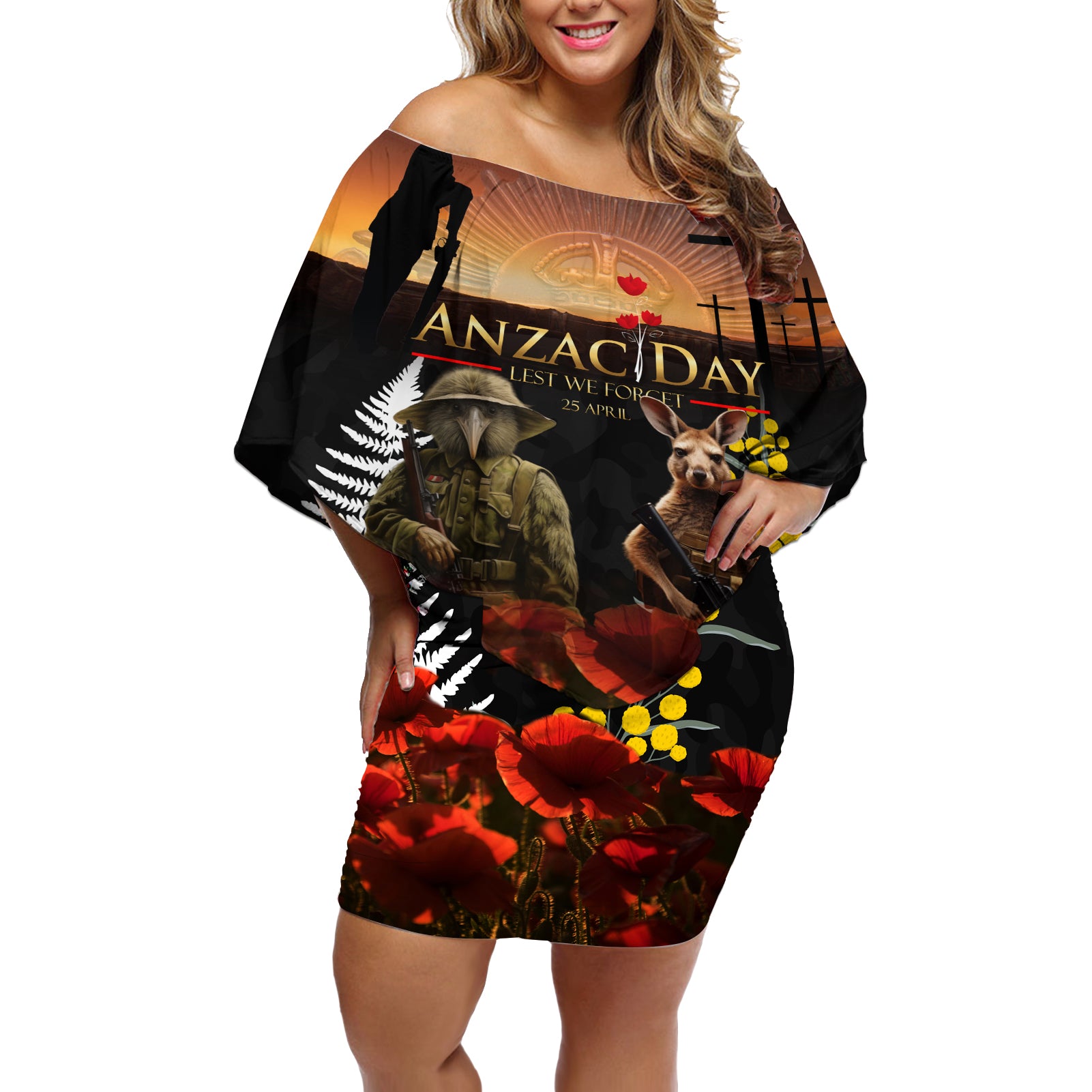 New Zealand and Australia ANZAC Day Off Shoulder Short Dress Kiwi Bird and Kangaroo Soldier
