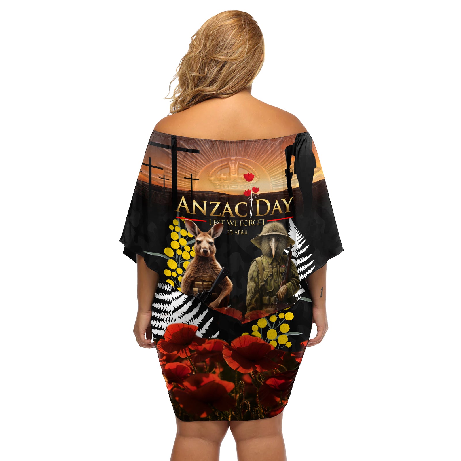 New Zealand and Australia ANZAC Day Off Shoulder Short Dress Kiwi Bird and Kangaroo Soldier