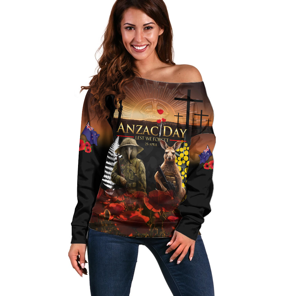 New Zealand and Australia ANZAC Day Off Shoulder Sweater Kiwi Bird and Kangaroo Soldier - Vibe Hoodie Shop