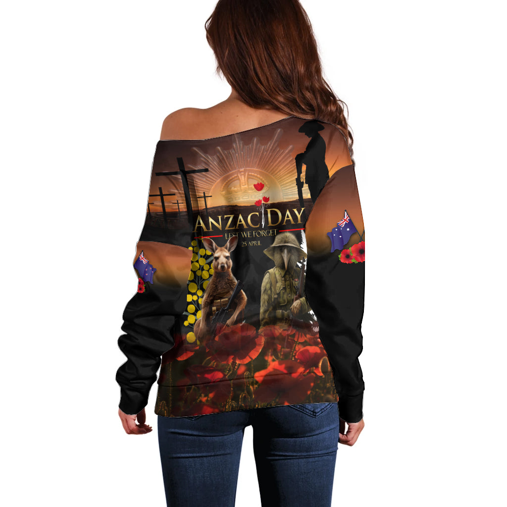 New Zealand and Australia ANZAC Day Off Shoulder Sweater Kiwi Bird and Kangaroo Soldier - Vibe Hoodie Shop