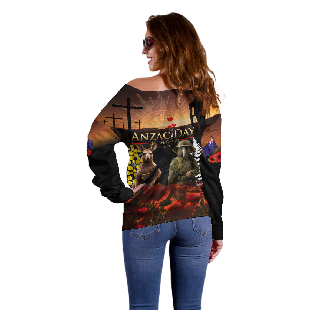 New Zealand and Australia ANZAC Day Off Shoulder Sweater Kiwi Bird and Kangaroo Soldier - Vibe Hoodie Shop