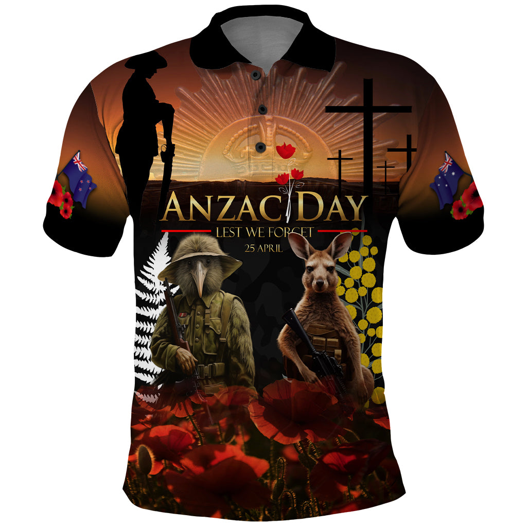 New Zealand and Australia ANZAC Day Polo Shirt Kiwi Bird and Kangaroo Soldier - Vibe Hoodie Shop