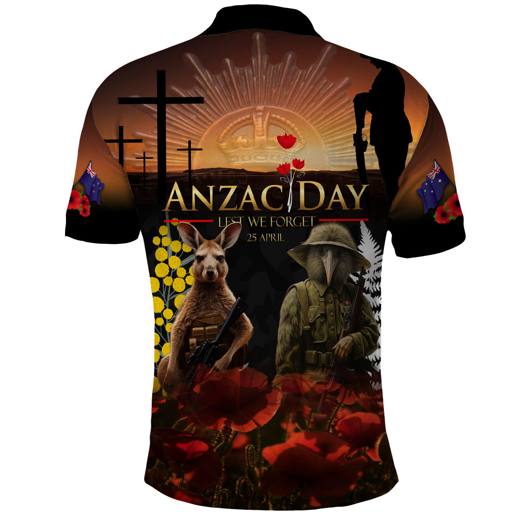 New Zealand and Australia ANZAC Day Polo Shirt Kiwi Bird and Kangaroo Soldier - Vibe Hoodie Shop