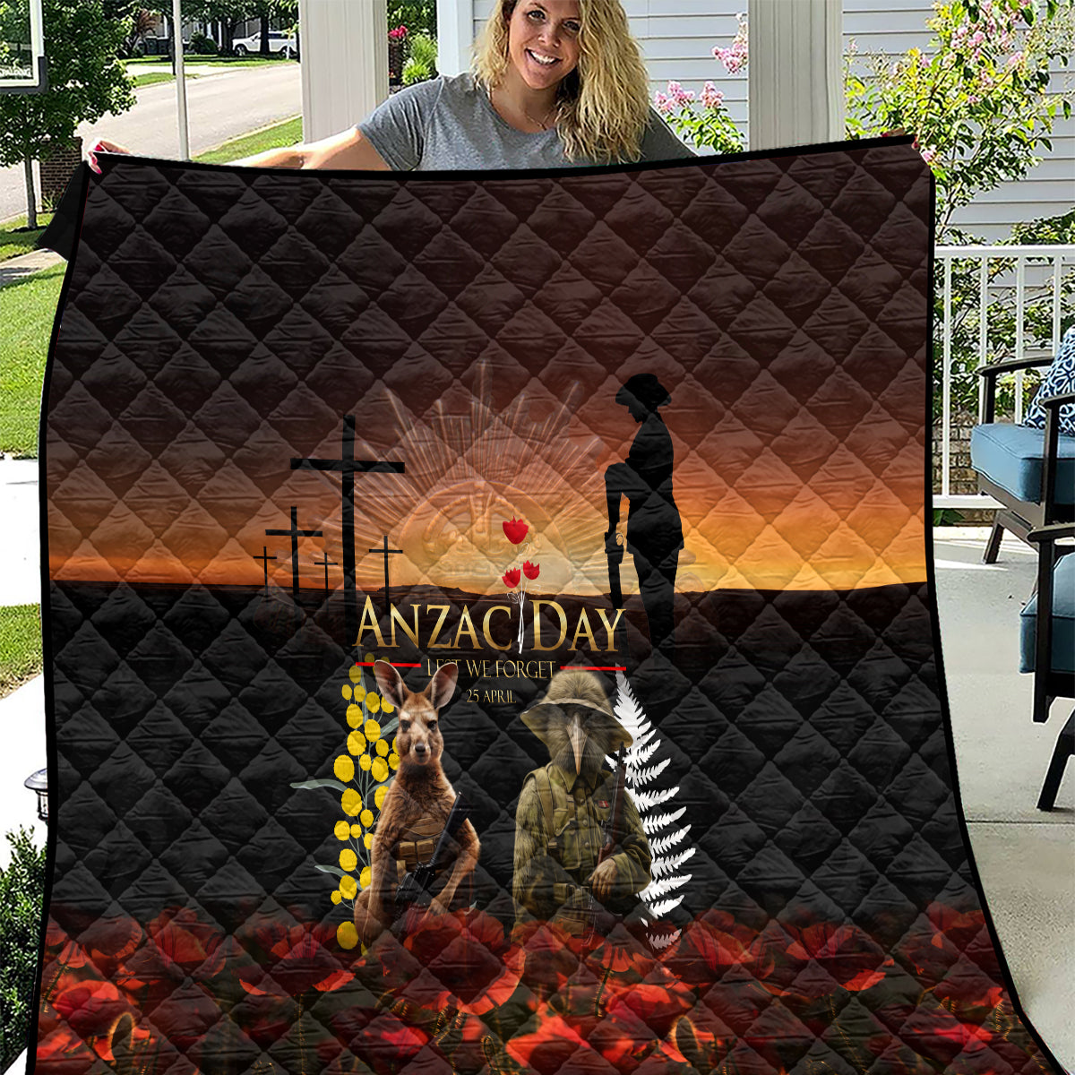 New Zealand and Australia ANZAC Day Quilt Kiwi Bird and Kangaroo Soldier - Vibe Hoodie Shop