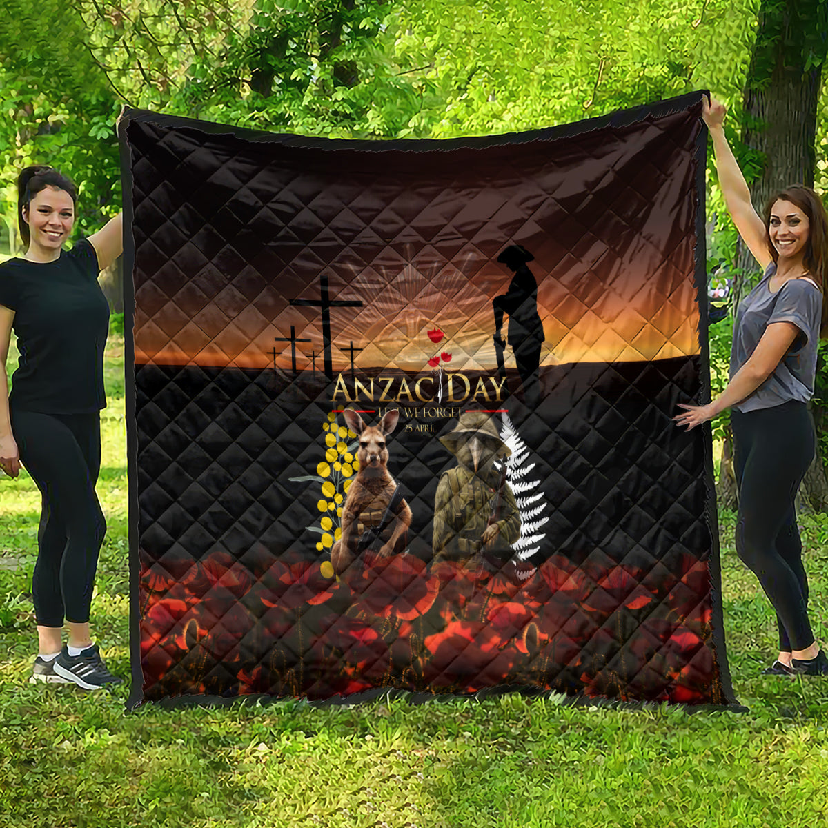 New Zealand and Australia ANZAC Day Quilt Kiwi Bird and Kangaroo Soldier - Vibe Hoodie Shop