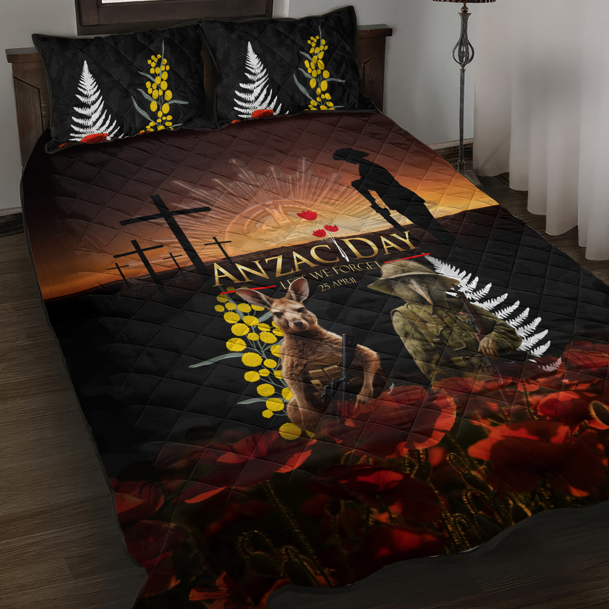 New Zealand and Australia ANZAC Day Quilt Bed Set Kiwi Bird and Kangaroo Soldier - Vibe Hoodie Shop