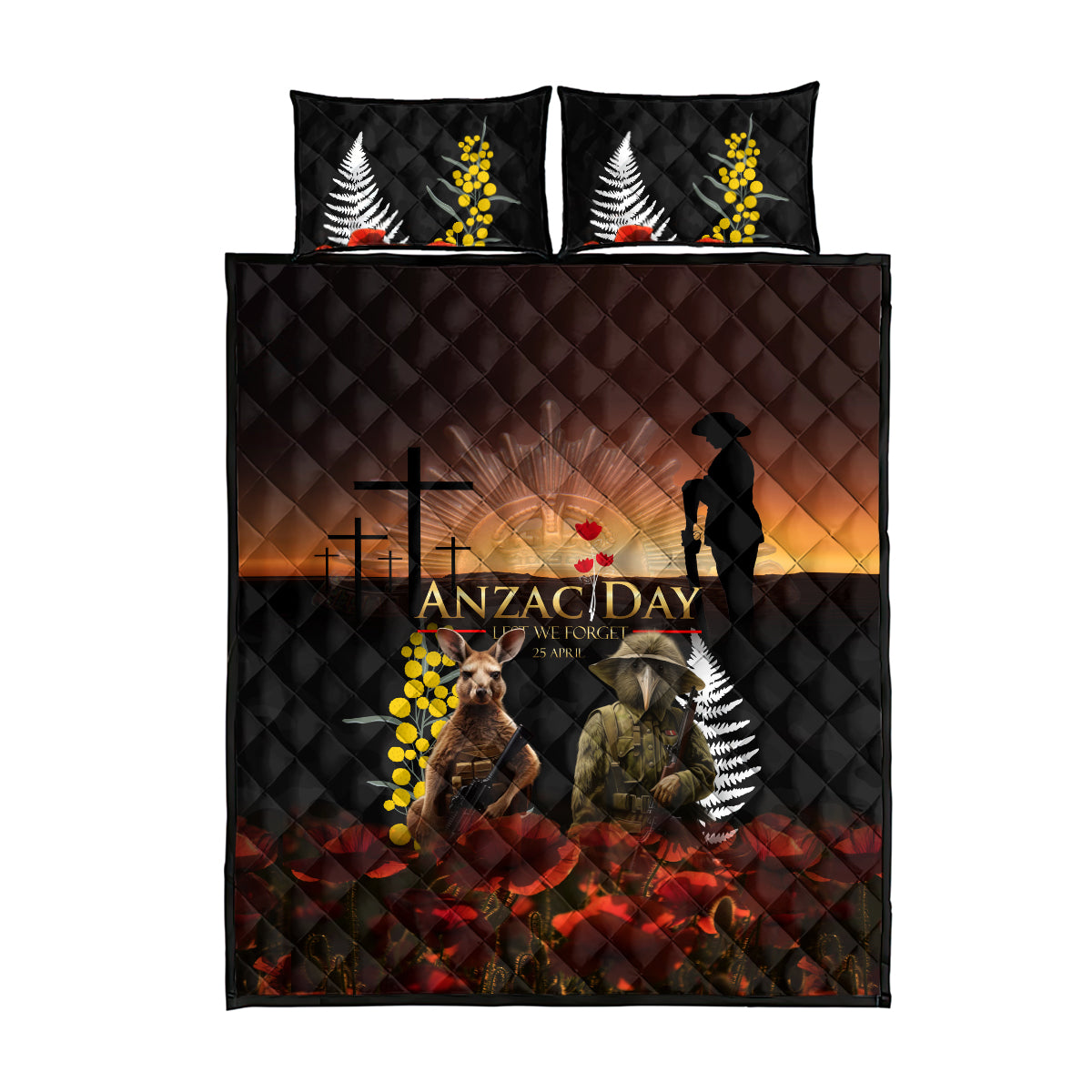 New Zealand and Australia ANZAC Day Quilt Bed Set Kiwi Bird and Kangaroo Soldier - Vibe Hoodie Shop