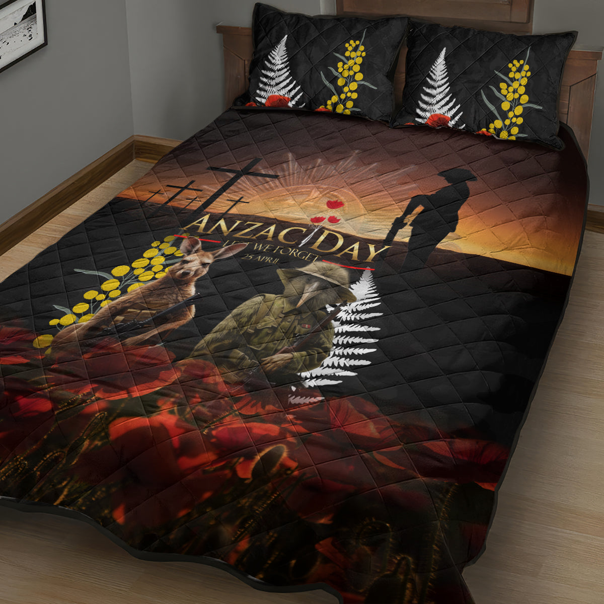 New Zealand and Australia ANZAC Day Quilt Bed Set Kiwi Bird and Kangaroo Soldier - Vibe Hoodie Shop