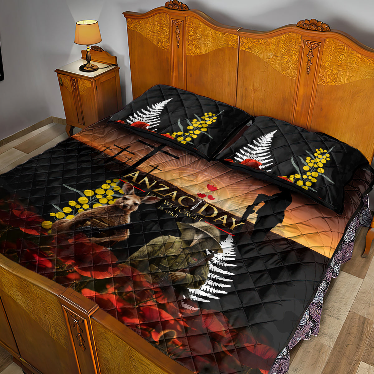 New Zealand and Australia ANZAC Day Quilt Bed Set Kiwi Bird and Kangaroo Soldier - Vibe Hoodie Shop