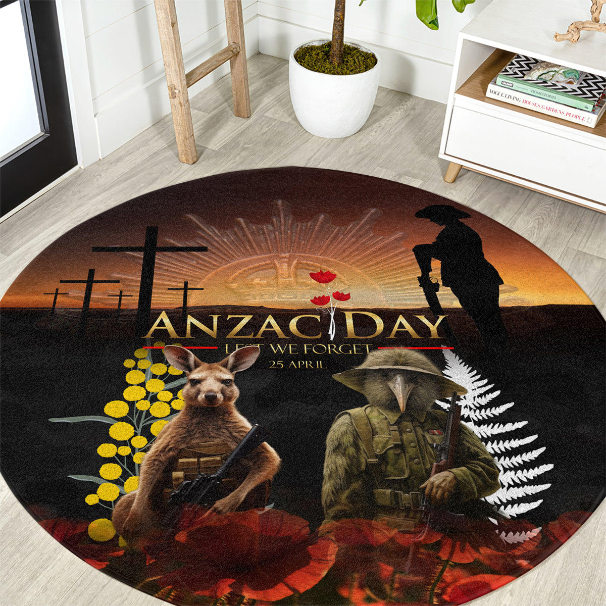 New Zealand and Australia ANZAC Day Round Carpet Kiwi Bird and Kangaroo Soldier