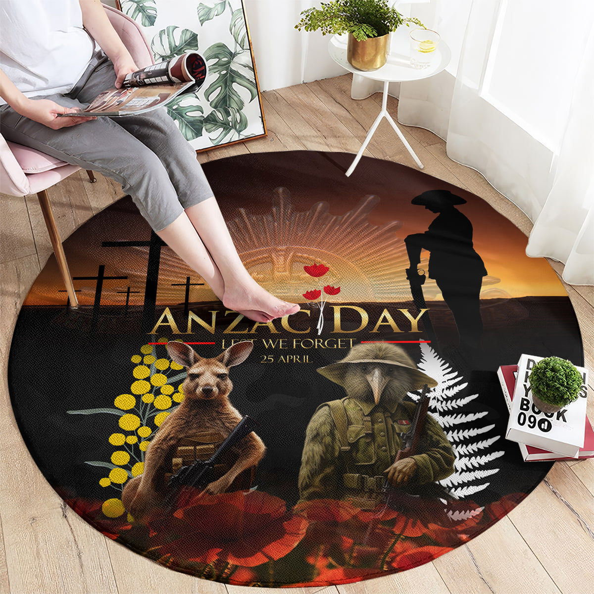 New Zealand and Australia ANZAC Day Round Carpet Kiwi Bird and Kangaroo Soldier