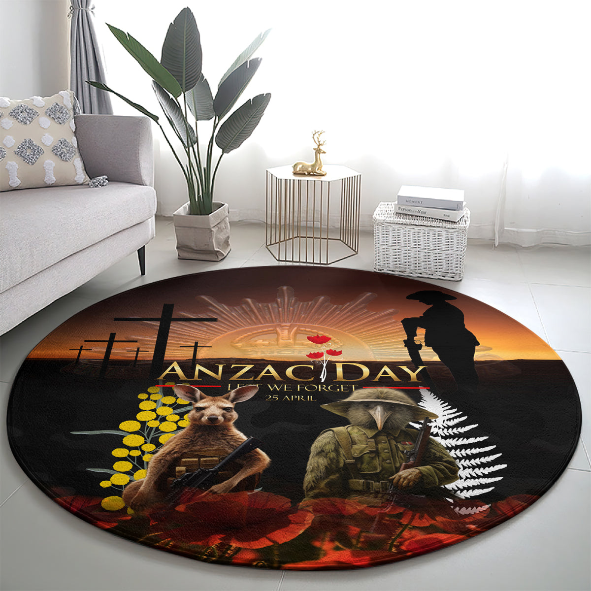 New Zealand and Australia ANZAC Day Round Carpet Kiwi Bird and Kangaroo Soldier
