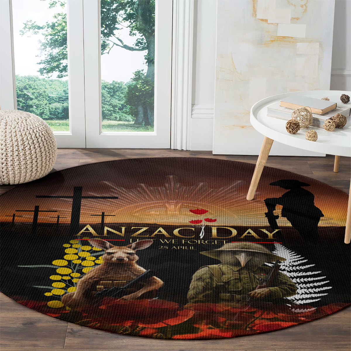 New Zealand and Australia ANZAC Day Round Carpet Kiwi Bird and Kangaroo Soldier