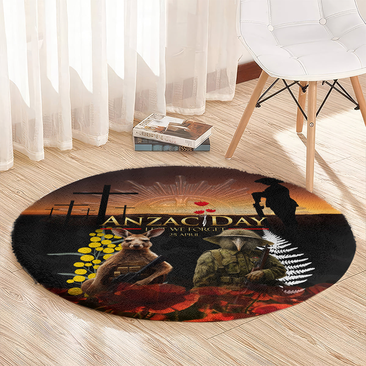New Zealand and Australia ANZAC Day Round Carpet Kiwi Bird and Kangaroo Soldier