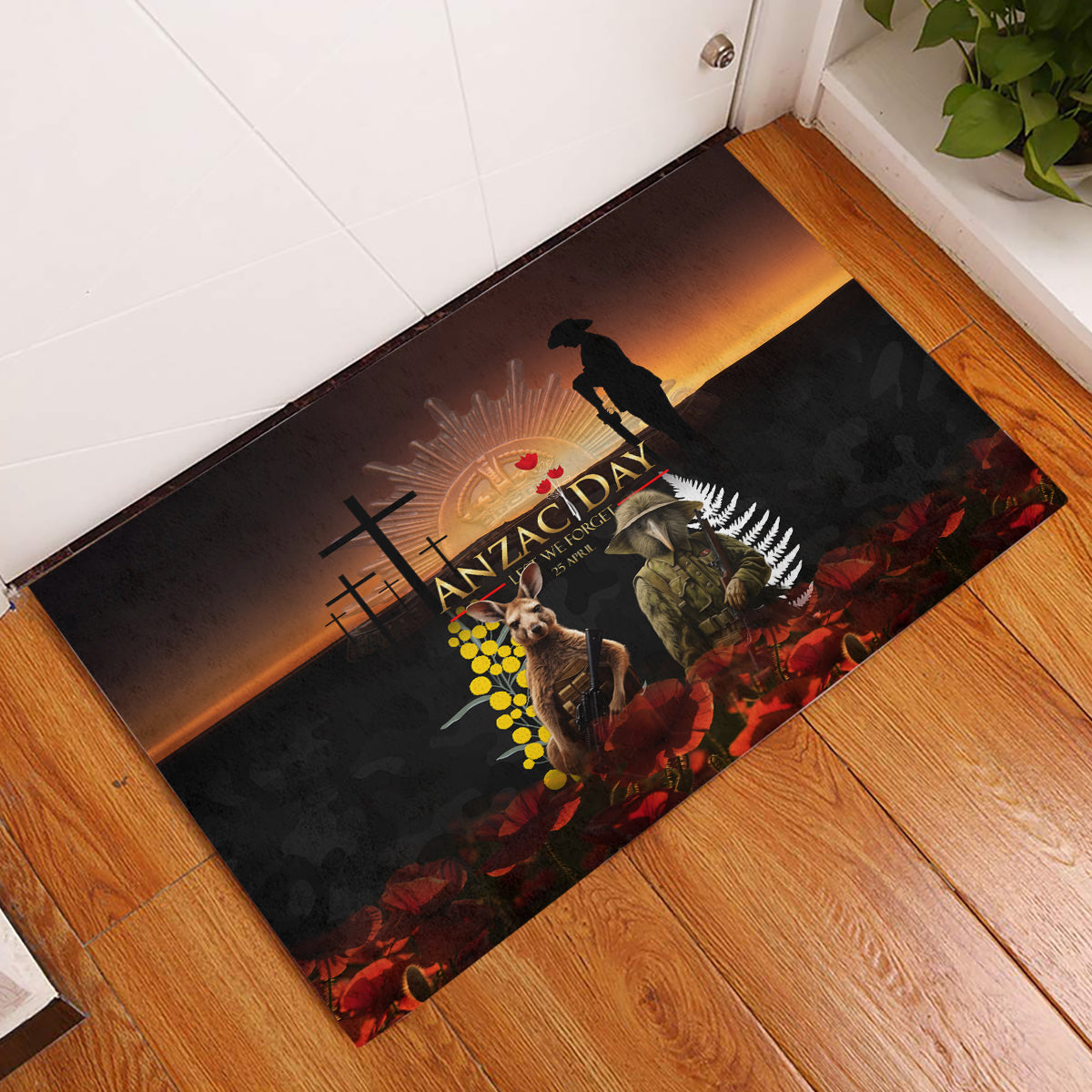 New Zealand and Australia ANZAC Day Rubber Doormat Kiwi Bird and Kangaroo Soldier