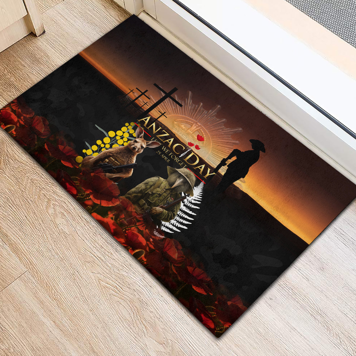 New Zealand and Australia ANZAC Day Rubber Doormat Kiwi Bird and Kangaroo Soldier