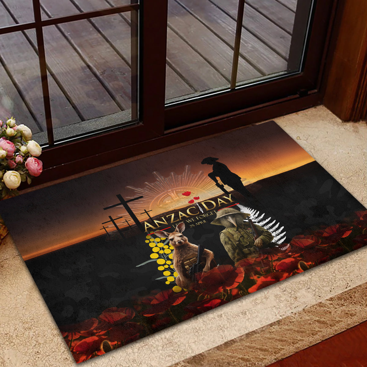New Zealand and Australia ANZAC Day Rubber Doormat Kiwi Bird and Kangaroo Soldier