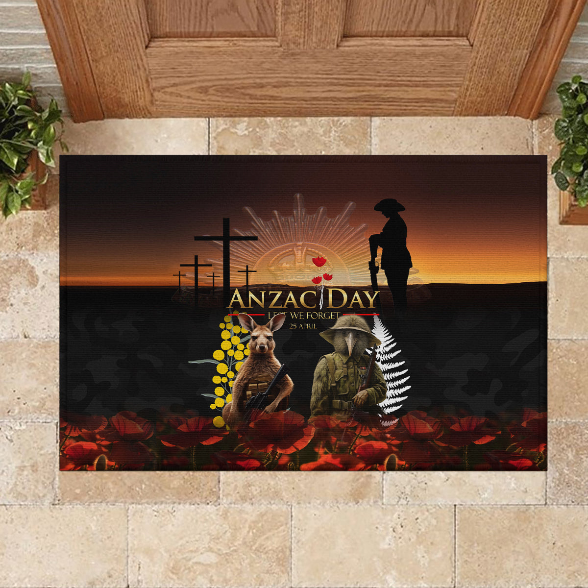 New Zealand and Australia ANZAC Day Rubber Doormat Kiwi Bird and Kangaroo Soldier
