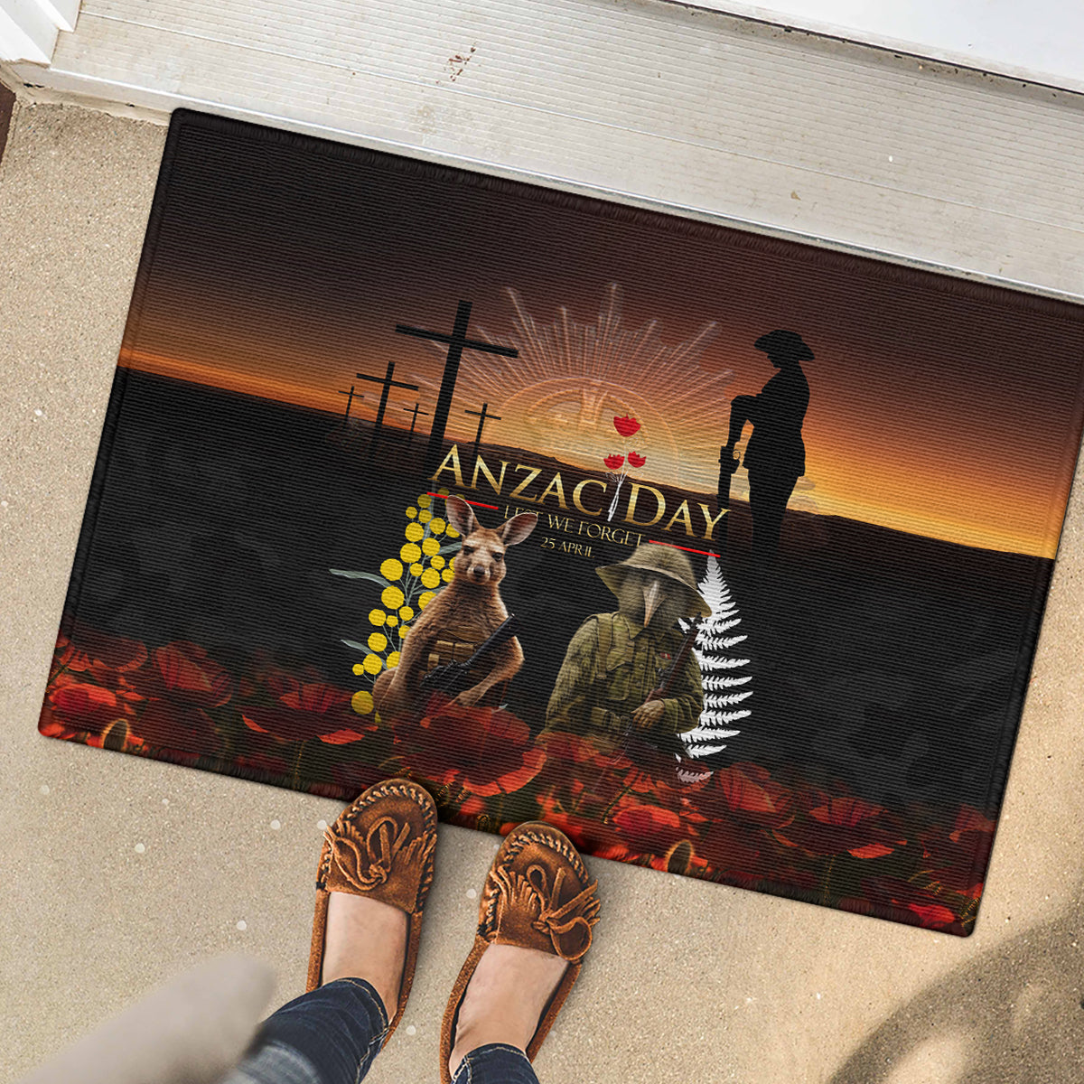 New Zealand and Australia ANZAC Day Rubber Doormat Kiwi Bird and Kangaroo Soldier
