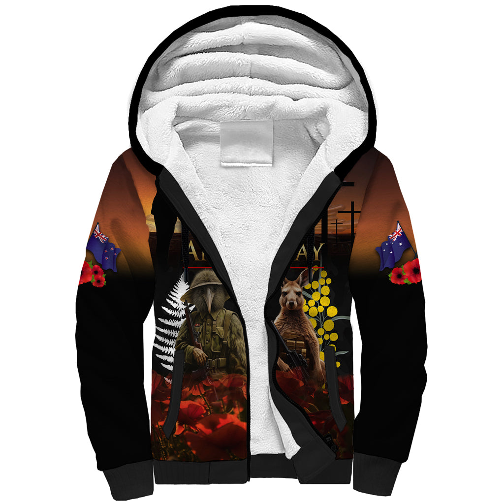 New Zealand and Australia ANZAC Day Sherpa Hoodie Kiwi Bird and Kangaroo Soldier - Vibe Hoodie Shop