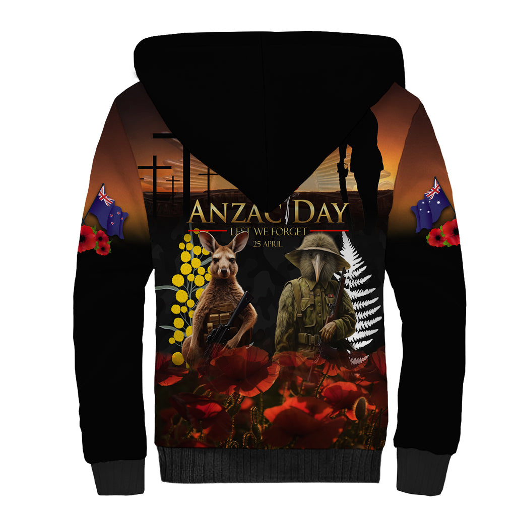 New Zealand and Australia ANZAC Day Sherpa Hoodie Kiwi Bird and Kangaroo Soldier - Vibe Hoodie Shop
