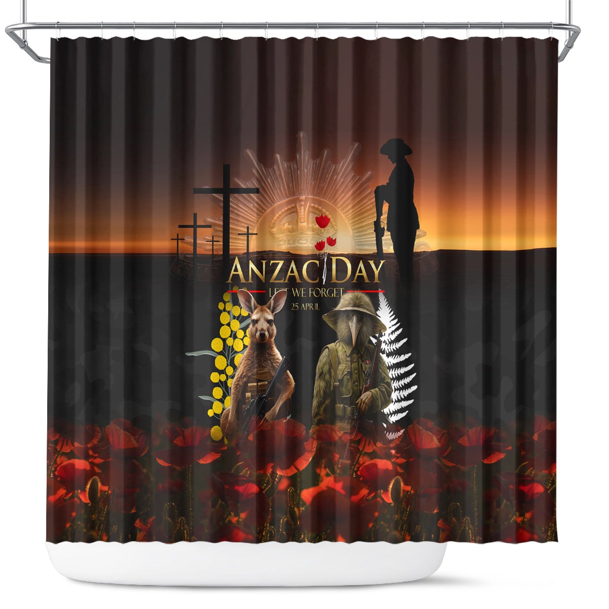 New Zealand and Australia ANZAC Day Shower Curtain Kiwi Bird and Kangaroo Soldier