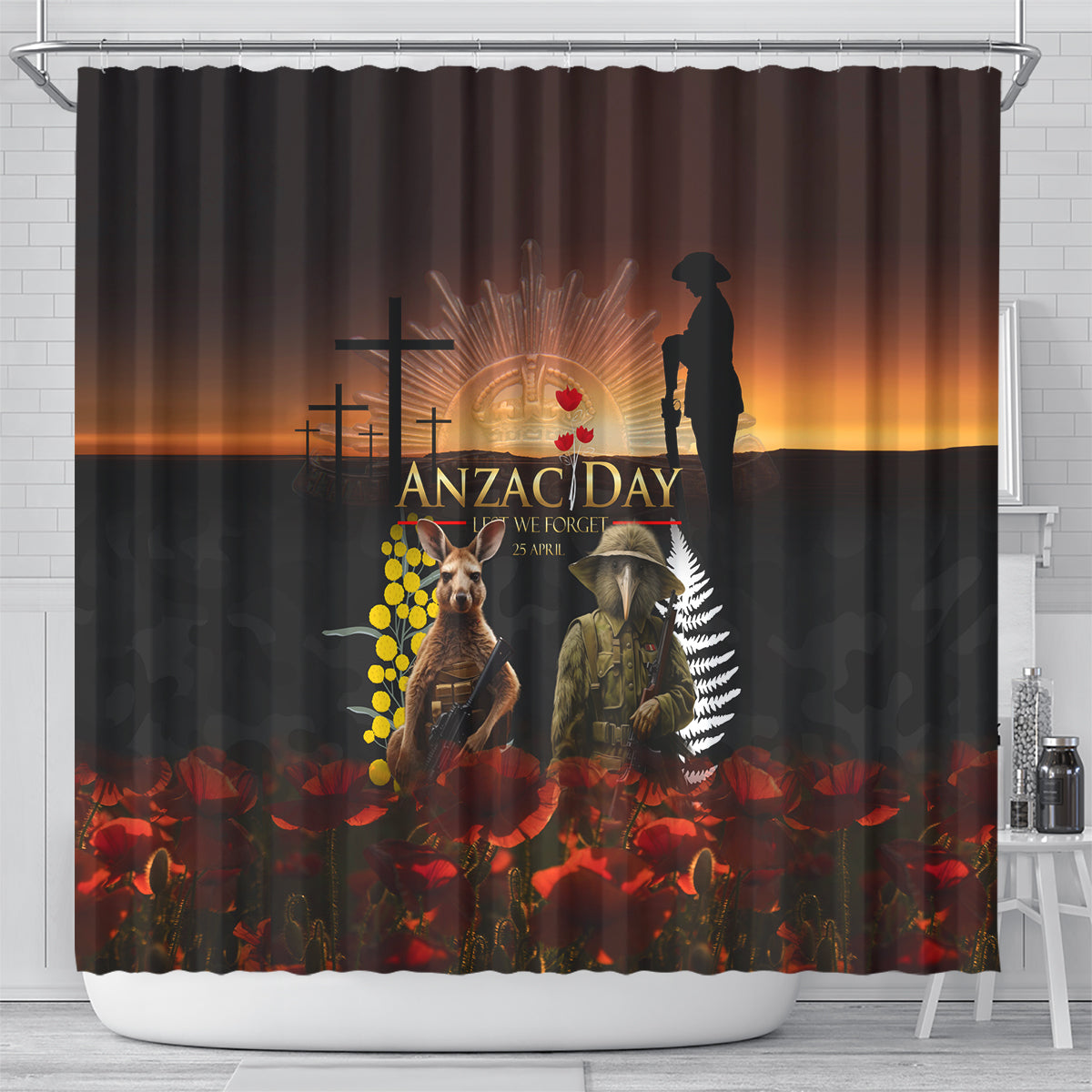 New Zealand and Australia ANZAC Day Shower Curtain Kiwi Bird and Kangaroo Soldier