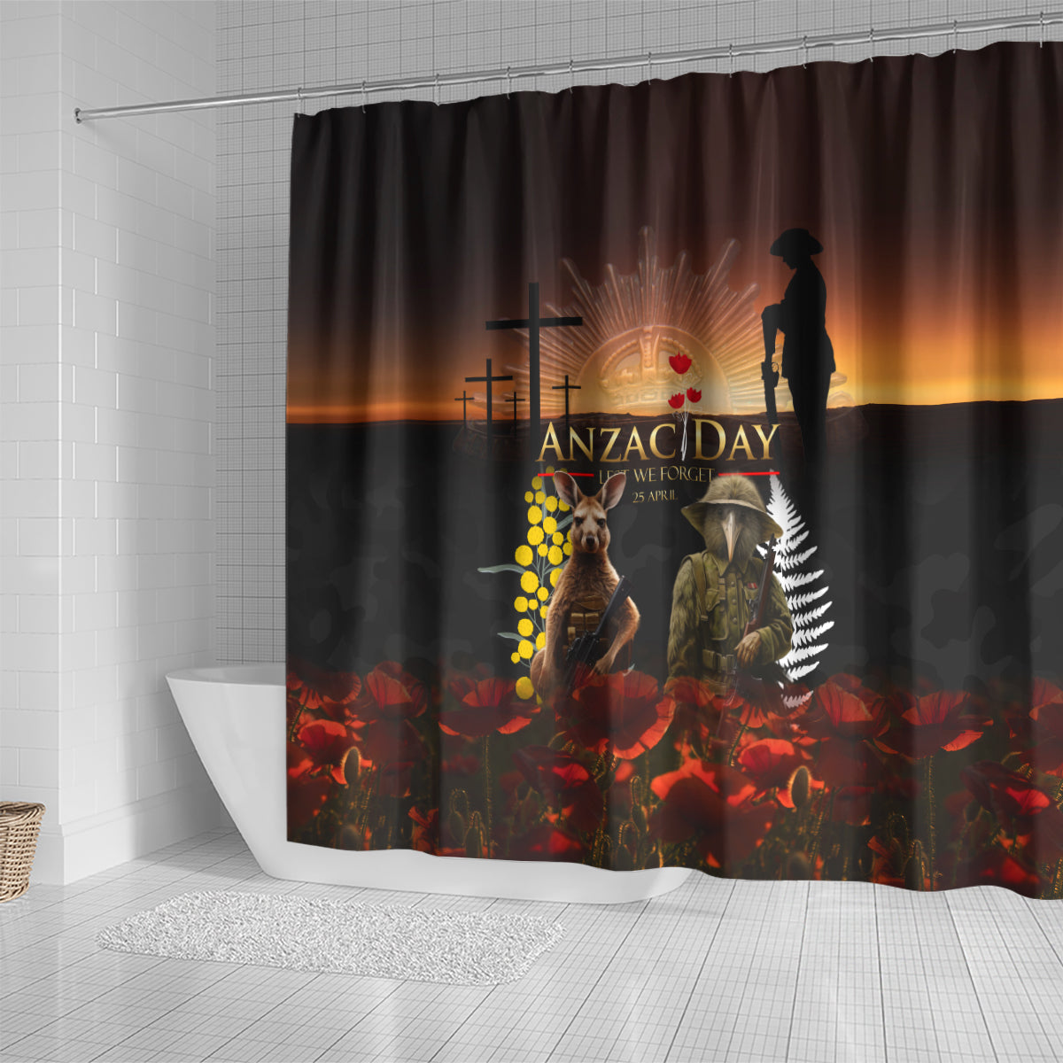 New Zealand and Australia ANZAC Day Shower Curtain Kiwi Bird and Kangaroo Soldier