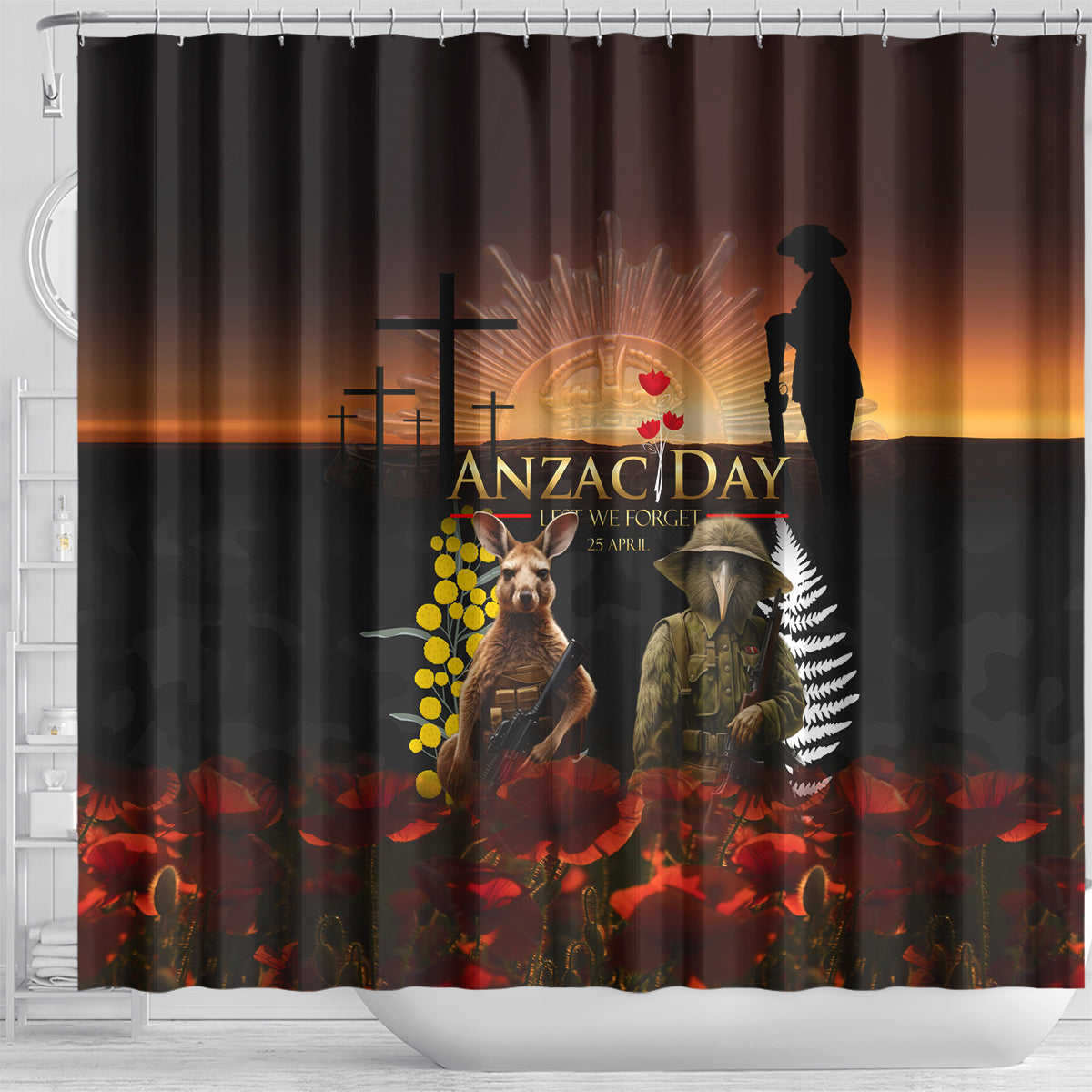 New Zealand and Australia ANZAC Day Shower Curtain Kiwi Bird and Kangaroo Soldier